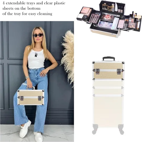 Vista 6 de Estuche de maquillaje profesional con ruedas, estuche de tren de maquillaje 5 en 1, carrito de maquillaje cosmético, estuche de cosmetología