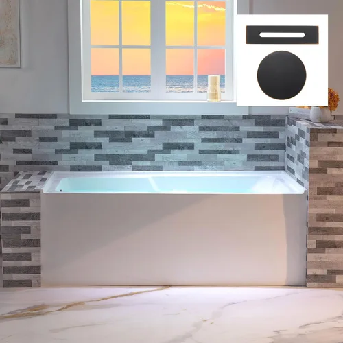 Vista 23 de WOODBRIDGE Bañera rectangular de acrílico de 60 pulgadas en blanco con drenaje derecho, drenaje desplegable de níquel cepillado incluido BA6030R