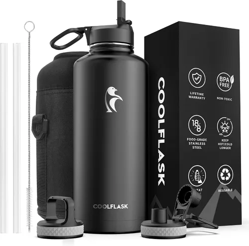 Vista 39 de Coolflask Botella de agua de 24 onzas aislada con pajilla, 3 tapas de metal de acero inoxidable, botella de agua de boca ancha para deportes u