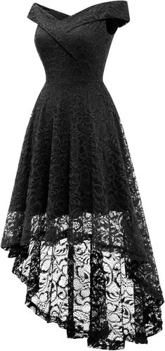 Vista 2 de HomRain - Vestido elegante con encaje floral para mujer, con hombros descubiertos y dobladillo asimétrico, para bodas, cócteles y fiestas