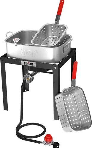 Vista 10 de Freidora profunda al aire libre de propano Feasto, tanque doble con quemadores independientes dobles de hierro fundido y termómetros, olla