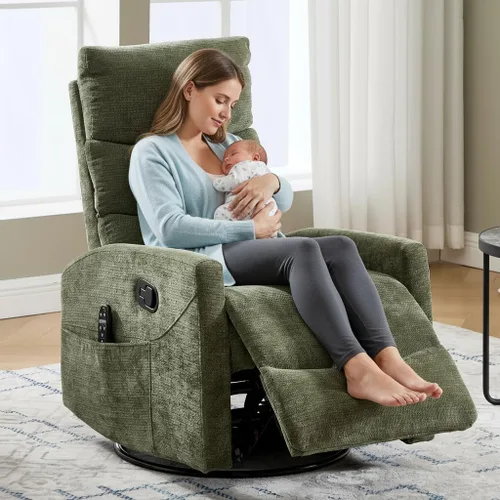 Vista 11 de Silla reclinable giratoria de 360° con masaje y calor, respaldo alto con relleno, silla mecedora tapizada para cuarto de bebé, sala de estar