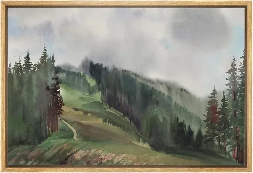 Vista 9 de wall26 Lienzo enmarcado para pared, acuarela, cordillera, bosque, naturaleza, ilustraciones de área silvestre, arte moderno, decorativo, casa
