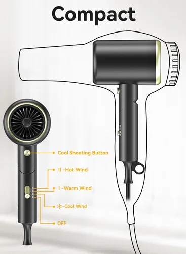 Vista 7 de Secador de pelo, secador iónico de 150000 rpm, secado rápido, bajo ruido, plegable portátil con difusor y boquilla, mini compacto para mujeres