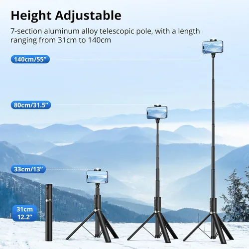 Vista 4 de SYNCWIRE Trípode de teléfono Selfie Stick de 55 pulgadas para iPhone, palo selfie de aluminio extensible todo en uno con control remoto, trípode