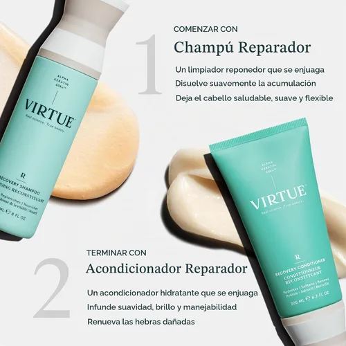 Vista 4 de VIRTUE Champú de recuperación sin sulfato con queratina y aceite de semilla de baobab para cabello dañado, color seguro