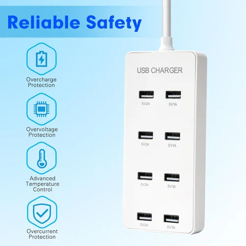 Vista 2 de Cargador de pared USB Estación de carga USB para múltiples dispositivos, tira de concentrador de carga de 8 puertos, bloque de cargador inteligente