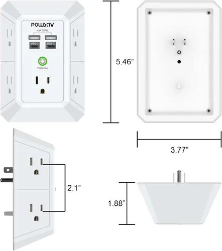 Vista 7 de Regleta de alimentación de 5 tomas con 4 puertos USB, protector de sobretensiones para el hogar, oficina, escuela, certificación ETL