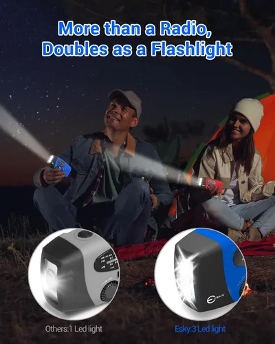 Vista 5 de Esky Radio de emergencia con manivela y 3 linternas LED, radio meteorológica portátil AM/FM/NOAA con cargador de teléfono de 2000mAh, radio