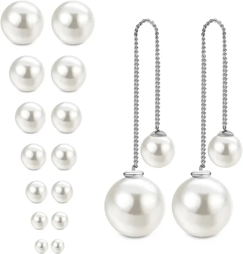 Vista 7 de JewelrieShop Aretes de perlas sintéticas, hipoalergénicos, colgantes para mujer
