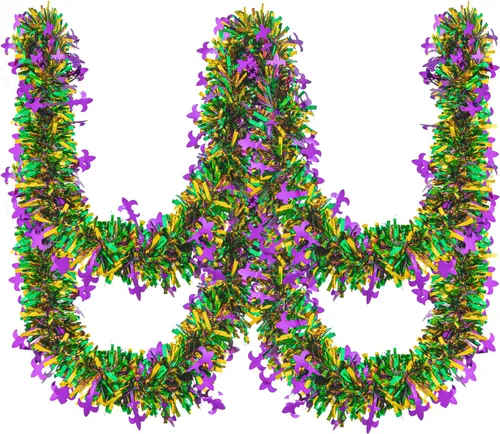 Vista 9 de Guirnalda de oropel de Mardi Gras de 20 pies/19.7 ft con luces LED, guirnalda metálica de oropel con pilas, guirnalda colgante de lámina colorida
