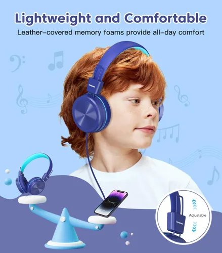 Vista 6 de Cowyawn - Auriculares infantiles, auriculares para niños con limitador de volumen seguro de 94 dB, auriculares escolares con cable para niños