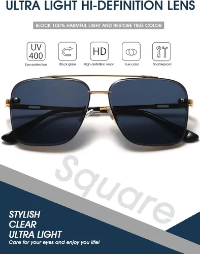 Vista 5 de PORADAY Gafas de sol cuadradas de aviador para hombres y mujeres gafas de sol de gran tamaño marco de metal vintage persianas degradadas