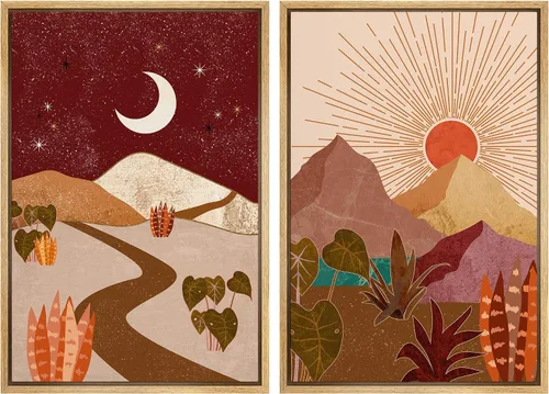 Vista 95 de IDEA4WALL Lienzo Enmarcado Impreso Arte de Pared Set Paisaje de Hojas de Palma de Selva de Mediados de Siglo Naturaleza Silvestre Ilustraciones Arte