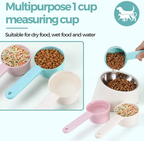Vista 5 de Pala de melamina para comida de mascotas, tazas medidoras para comida de gato, pala de mango largo y cómodo para comida de perro, gato, hurón y Azul