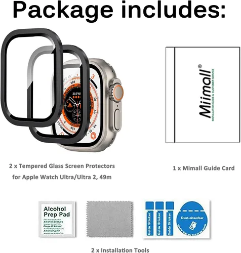Vista 8 de Miimall Paquete de 2 protectores de pantalla de titanio para Apple Watch Ultra/Ultra 2 de 1.732 pulgadas, marco de titanio + vidrio templado