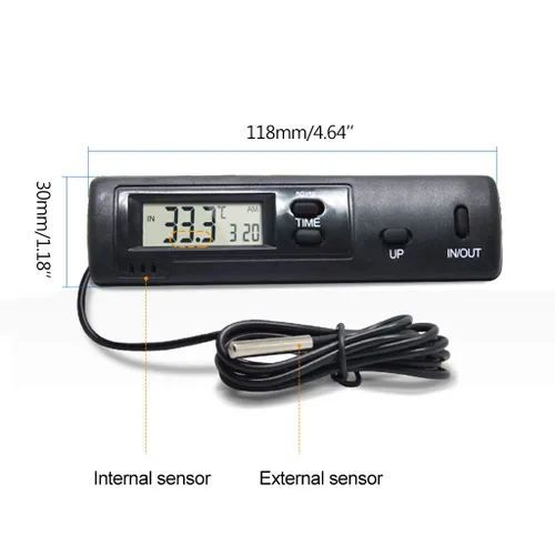 Vista 5 de Termómetro digital para interiores y exteriores con reloj, pantalla de temperatura dual ℃/℉, formato de 12/24 horas, para automóvil, hogar