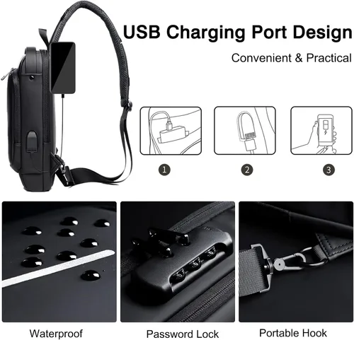 Vista 4 de FANDARE - Bolso de hombro para negocios, bolsa de pecho antirrobo con USB
