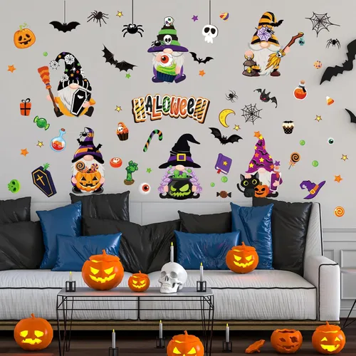 Vista 5 de Whaline Decoración de pared de gnomo de Halloween, gnomo, murciélago, araña, calabaza, calcomanías de pared, lindas calcomanías de arte extraíbles