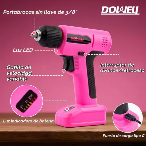 Vista 3 de DOWELL Juego de herramientas de taladro inalámbrico de 8 V, 58 unidades, LED integrado, velocidad variable, cable de carga tipo C, funda moldeada