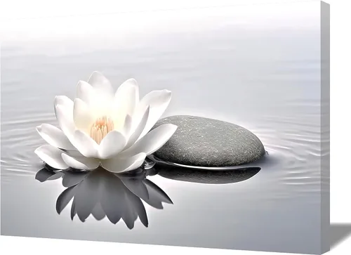 Vista 8 de QIXIANG Arte de pared Zen con piedras negras y flores de loto blanco, impresiones sobre lienzo para yoga, spa, meditación, decoración de baño