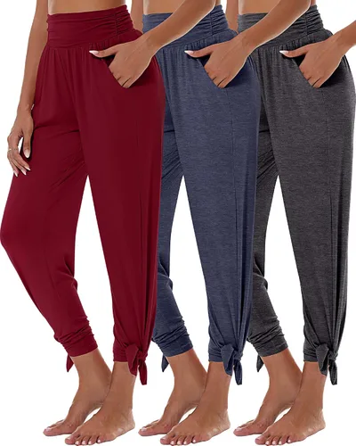 Vista 2 de 3 piezas de pantalones de yoga de pierna ancha para mujer, pantalones de descanso de cintura alta con bolsillos, pantalones deportivos de yoga