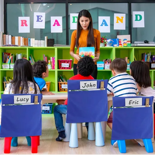 Vista 5 de Berlune 50 bolsillos de almacenamiento para sillas, bolsa para sillas escolares, aulas, bolsillos para sillas de estudiantes, organizador
