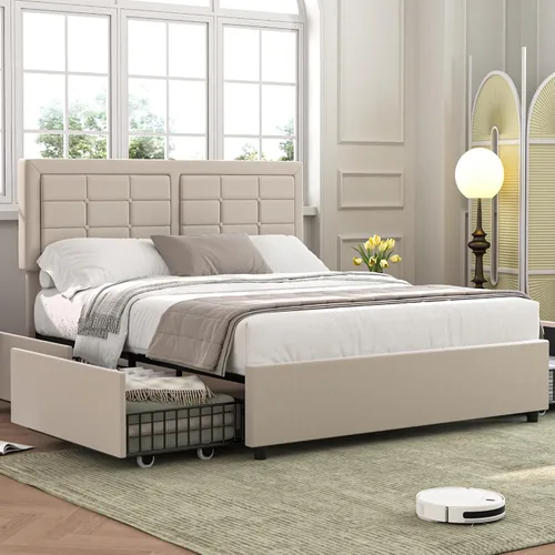 Vista 19 de VECELO Base de cama tamaño matrimonial, cabecera tapizada ajustable con botones, marco de cama resistente con soporte de listones de madera,
