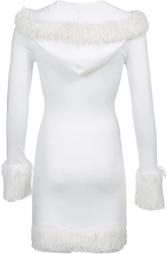 Vista 7 de NUFIWI Vestido corto de plumas para mujer, ajustado, sexy, con ribete de piel sintética, esponjoso, lindo vestido Y2k, ropa de club de moda