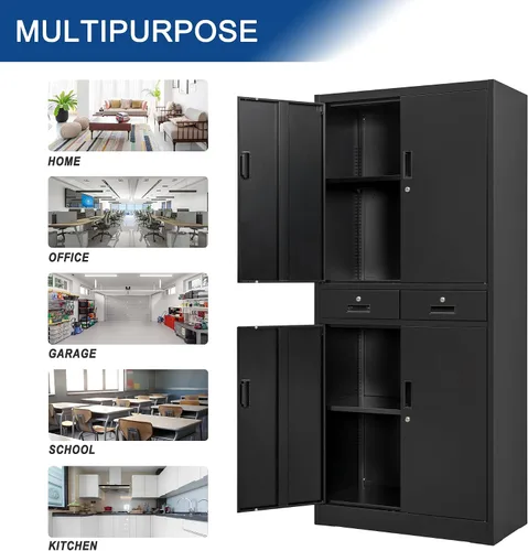 Vista 9 de Wanfu Gabinete de almacenamiento de metal, gabinete de almacenamiento con bloqueo de 71 pulgadas con estantes ajustables y 2 cajones, gabinetes