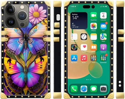 Vista 2 de Funda compatible con iPhone 14 Pro Max (6.7 pulgadas), hermosa mariposa Flosers dorada, de lujo, suave TPU duro, parte trasera de policarbonato