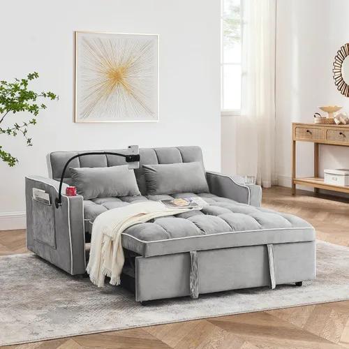 Vista 11 de Sofá cama biplaza de terciopelo convertible y moderno con cama desplegable, respaldo ajustable y 2 almohadas lumbares, para espacios pequeños