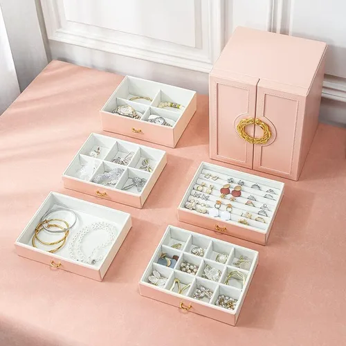Vista 3 de ATDORO Joyeros grandes organizadoresestuche con 5 cajones, regalo para mujeres, adolescentes, niñas, niños, gran joyeríasoporte de cuero sintético