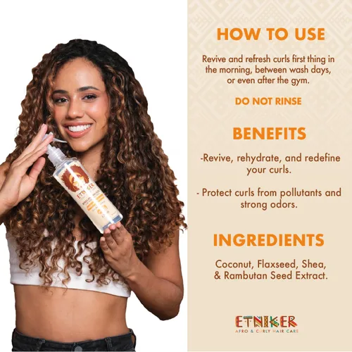 Vista 2 de ETNIKER Curl Refresher Spray. Cabello rizado y ondulado. Revive y refresca. Coco, linaza, manteca de karité y extracto de semilla de rambután