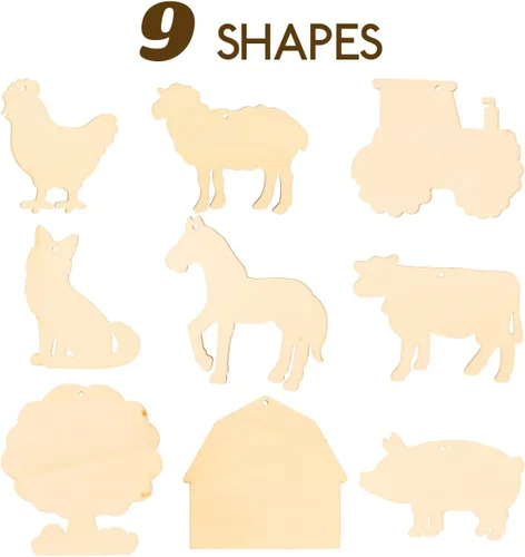 Vista 4 de 45 piezas de animales de granja sin pintar con formas de recortes de madera vaca, cerdo, pollo, caballo, oveja, perro, animales sin terminar