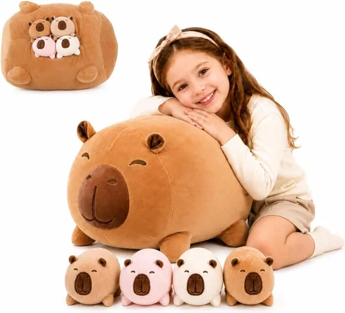 Vista 11 de MMguai Peluche Suave de Bulldog Lindo Bulldog Francés Animales de Peluche con 4 Peluches de Cachorro Bebé en su Barriga, Almohada Blanda Grande