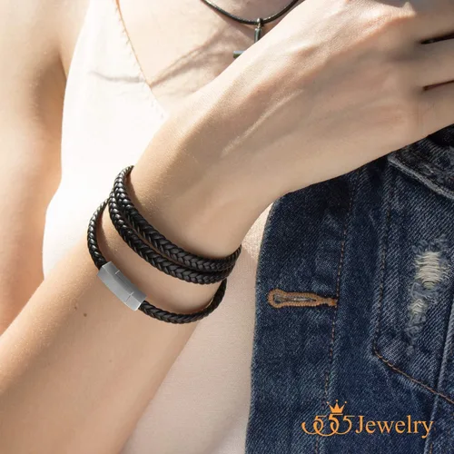 Vista 3 de 555Jewelry Pulsera de cierre magnético de cordón de cuero trenzado de acero inoxidable, Metal