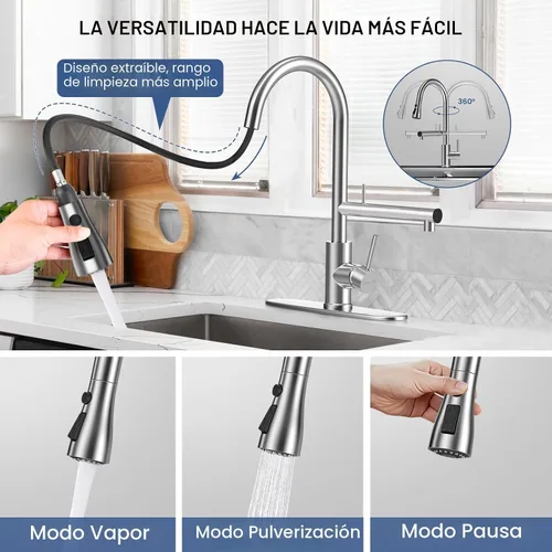 Vista 4 de FEELSO Grifos de cocina, grifo de cocina con filtro de agua mejorado con rociador desplegable, acero inoxidable níquel cepillado arco alto grifo
