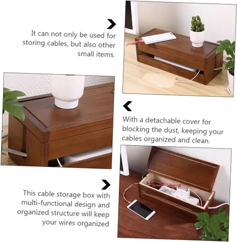 Vista 7 de Lurrose Diseño de cubo de caja de almacenamiento de cables de madera para organizar enchufes y cables Solución grande de gestión de cables marrones