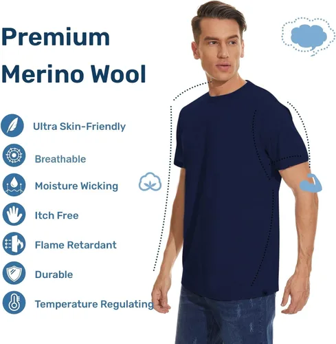 Vista 2 de Men's Merino Wool T-Shirt Short Sleeve Athletic Tee Wicking Mens Base Layer(Wool Face Mask Included)