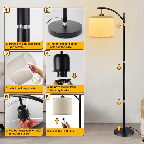 Vista 5 de DLLT - Lámpara de pie de arco moderna, lámpara de pie de granja con pantalla de linterna, luz de lectura alta industrial para dormitorio, sala