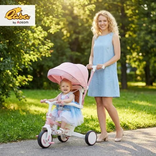 Vista 2 de Qaba 7 en 1 triciclo cochecito plegable bicicleta para niños pequeños 1-5 Rosa