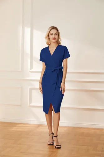 Vista 8 de GRACE KARIN Vestido de negocios de manga corta con cuello en V para mujer, con lazo en la cintura, vestido de cóctel con abertura, vestido midi