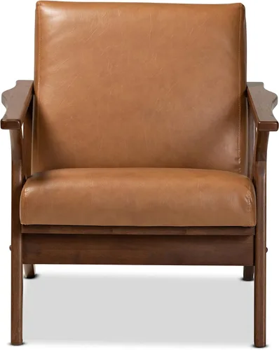 Vista 4 de Baxton Studio Bianca Mid-Century - Sillón moderno con acabado de madera y piel sintética color marrón nogal