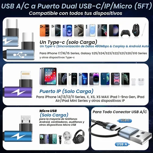 Vista 9 de Cargador de teléfono de 90 grados, cable de carga múltiple con doble tipo-C/Micro/IP