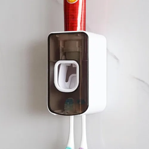 Vista 18 de Soporte de plástico para cepillos de dientes de 2 ranuras y dispensador de pasta de dientes montado en la pared, exprimidor automático de pasta