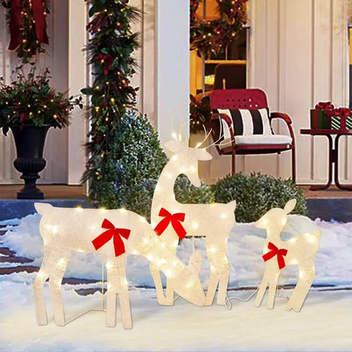 Vista 4 de ATDAWN Light Up Deer, Christmas Yard Decoration, Indoor Outdoor 60LEDs 2D Lighted Deer Family for Christmas Yard Decoration Light Up Display