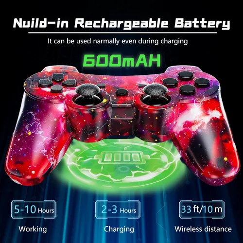 Vista 4 de Controller for PS-3 Wireless, Gaming Remote Joystick for Play 3 with Charger Cable Cord (Red Star, Black Ghost)