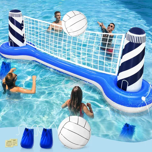 Vista 9 de Grandes juegos inflables de piscina, red de voleibol y aro de baloncesto con 2 pelotas de playa, bandera estadounidense, juguetes de agua