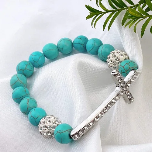 Vista 2 de Bocar Pulsera elástica de cuentas de cristal con cruz lateral chapada en metal